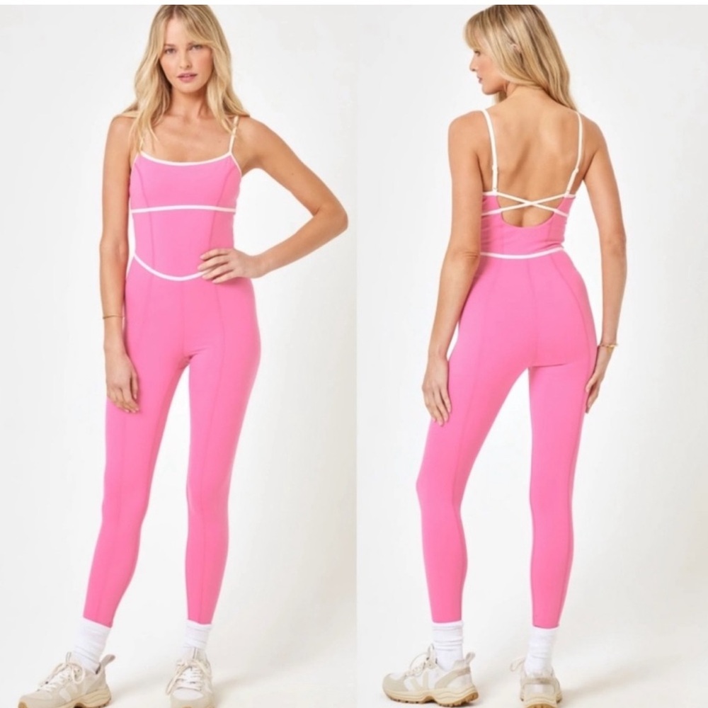 L*Space Ace Jumpsuit Pink Taffy & Cream Sporty Anthropologie Pilates Yoga Small